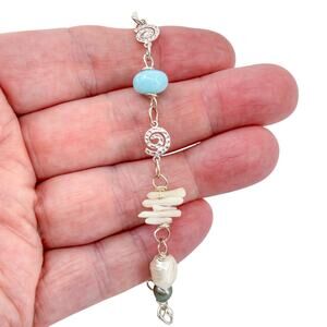 Vintage Sterling Silver 925 White Pearl Shell Spiral Blue Bead Necklace 16.5"